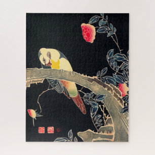 Puzzle Perroquet sur la branche d'un Rose en fleurs Bush