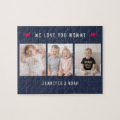 Puzzle Personalized 3 Photo Mother's Day Navy Blue Hearts (Horizontal)
