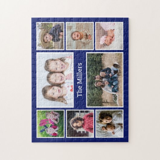 Puzzle Personalized 8 Photo collage Family Name Blue (Vertical)