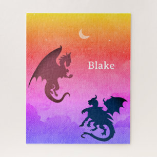 Puzzle personnalisé rouge, dragons noirs volant
