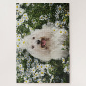 Puzzle Petit Chien blanc assis Jardin de fleurs blanches (Vertical)