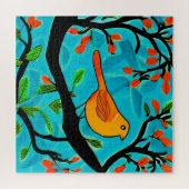 Puzzle Petit oiseau orange sur une branche de fleurs (Horizontal)