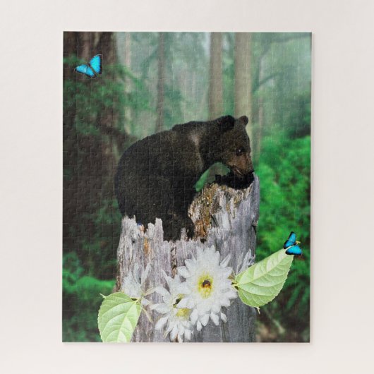 Puzzle Petit ourson brun sur une souche d'arbre, (Vertical)