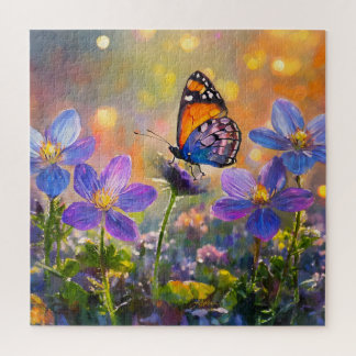 Puzzle Petit papillon sur des fleurs sauvages au lever du