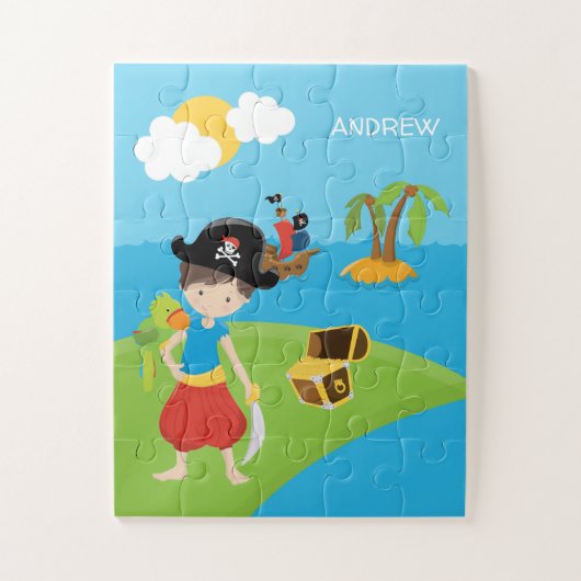 Puzzle Petit petit pirate garçon avec trésor et perroquet (Vertical)