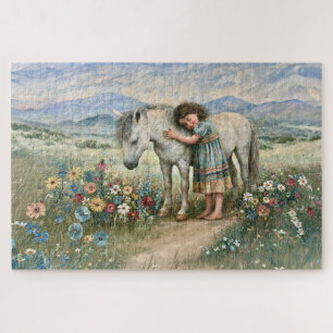 Puzzle Petite Fille Poney Fleurs Sauvages Montagnes Prair