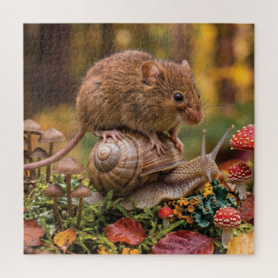 Puzzle Petite souris chevauchant un escargot dans la forê