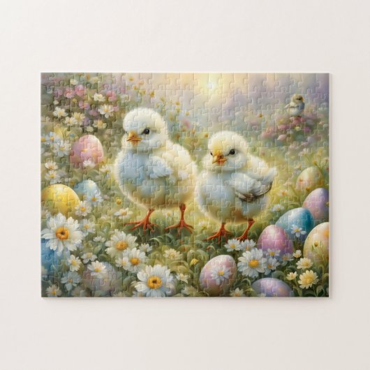 Puzzle Petits poussins dans la prairie avec oeufs de Pâqu (Horizontal)