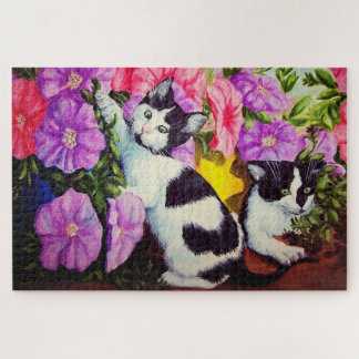 Puzzle Petunias et chatons/chats dans les fleurs du jardi
