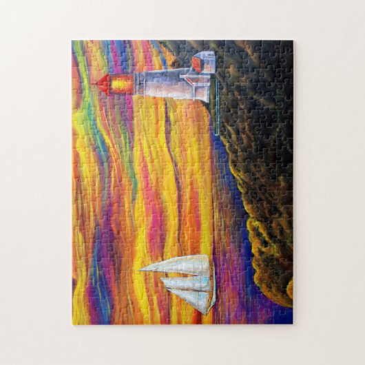 Puzzle Phare au coucher du soleil avec voilier Océan (Vertical)