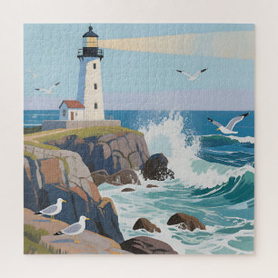 Puzzle Phare côtier Vagues océaniques Mouettes