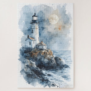 Puzzle Phare éclairé par la lune sur une côte rocheuse