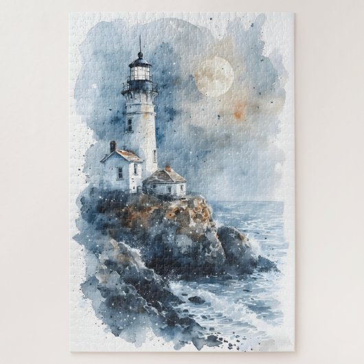 Puzzle Phare éclairé par la lune sur une côte rocheuse (Vertical)