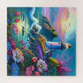 Puzzle Phare Ocean Waves Fleurs colorées (Horizontal)