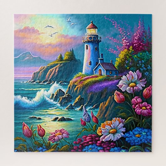 Puzzle Phare Vagues Océan Fleurs Colorées (Vertical)