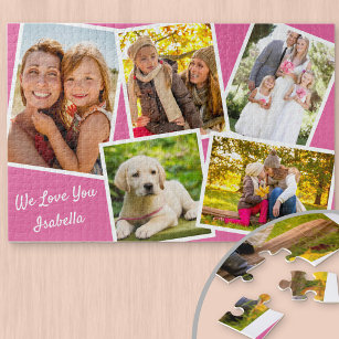 Puzzle Photo Collage 5 Pictures and Custom Text - Pink