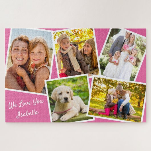 Puzzle Photo Collage 5 Pictures and Custom Text - Pink (Horizontal)