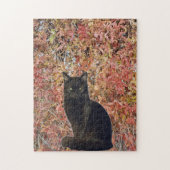 Puzzle Photo de chat noir avec feuilles d'automne orange (Vertical)