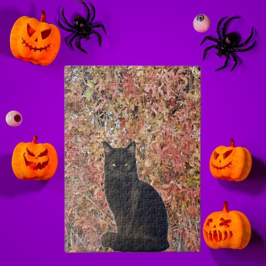 Puzzle Photo de chat noir avec feuilles d'automne orange