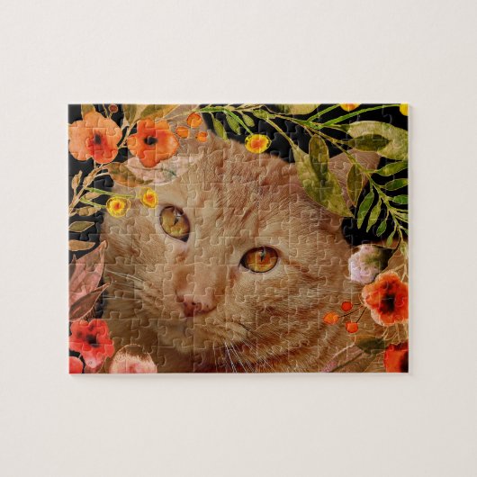Puzzle Photo de chat Tabby orange avec cadre de fleurs (Horizontal)