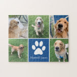 Puzzle Photo de chien personnalisé Collage animal de comp<br><div class="desc">Ce superbe puzzle photo-collage personnalisé pour chien est personnalisé avec d'adorables photos de votre pup sucré. Customisez ce cadeau chic avec vos 5 photos d'animaux de compagnie préférées autour d'un carré bleu mignon avec un joli empreinte de patte blanc et le nom de votre chien au centre.</div>