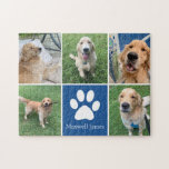 Puzzle Photo de chien personnalisé Collage animal de comp<br><div class="desc">Ce superbe puzzle photo-collage personnalisé pour chien est personnalisé avec d'adorables photos de votre pup sucré. Customisez ce cadeau chic avec vos 5 photos d'animaux de compagnie préférées autour d'un carré bleu mignon avec un joli empreinte de patte blanc et le nom de votre chien au centre.</div>