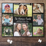 Puzzle Photo de famille noir<br><div class="desc">Un puzzle noir amusant pour vos soirées de jeux en famille avec un collage photo de 8 enfants, animaux de compagnie, souvenirs, etc, votre nom de famille dans un script blanc élégant et prénoms dans la typographie blanche moderne.</div>