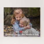 Puzzle Photo de famille personnalisée We Love You Grand-p<br><div class="desc">Créez votre propre puzzle spécial en téléchargeant une photo et en ajoutant du texte personnalisé. Le design contient les mots We (Heart) you! Ajouter grand-mère et grand-père, maman, papa, etc. Fait un cadeau unique pour les anniversaires, les vacances, la fête de la mère/la fête des pères et la fête des...</div>