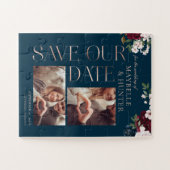 Puzzle Photo Navy & Burgundy Florals Save Our Date (Horizontal)