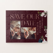 Puzzle Photo Navy & Burgundy Florals Save Our Date (Horizontal)