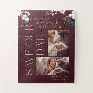 Puzzle Photo Navy & Burgundy Florals Save Our Date