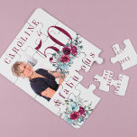 Puzzle Photo personnalisée 50 et fabuleux cadeau d'annive<br><div class="desc">Elégante feminine 50 et fabuleux cadeau d'anniversaire personnalisé de gardienne avec aquarelle rouge bordeaux et bleu clair bouquets rose de pivoine et un script de typographie personnalisée moderne tendance.                    Personnalisez-le avec votre photo,  votre âge,  votre nom,  votre date et votre texte personnalisé !</div>