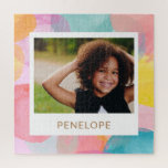 Puzzle Photo personnalisée Aquarelle couleur vive Nom<br><div class="desc">Ce puzzle coloré à l'aquarelle présente des cercles et des points ludiques dans des tons pastel vifs, personnalisés avec le nom et la photo de votre petit-enfant. C'est un souvenir amusant et unique qui fait un cadeau réfléchi pour les grands-parents, les parents ou toute personne qui aime une touche personnalisée....</div>