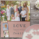 Puzzle Photo Strip Love Happiness Family Pink<br><div class="desc">Puzzle photo personnalisé avec 6 de vos propres photos. Le collage photo comprend 1 photo paysage plus 5 photos de portrait, présenté style bande photo. Le design a une belle formulation, surtout comme un cadeau pour la famille, qui lit .. amour famille bonheur .. dans le style tendance de machine...</div>