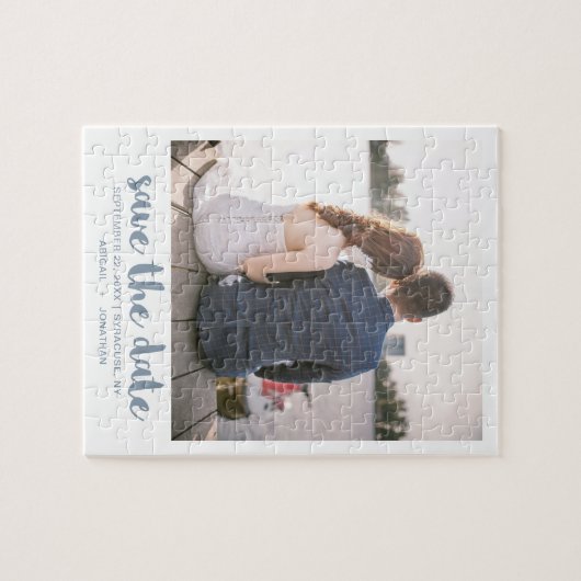 Puzzle Photo Whimsical Blue Script Enregistrer la date Bl (Horizontal)