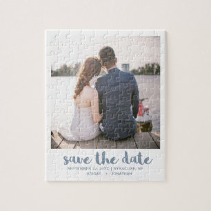 Puzzle Photo Whimsical Blue Script Enregistrer la date Bl