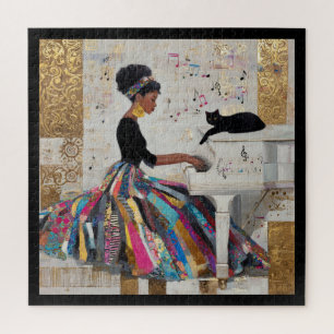 Puzzle Pianiste noire en feuille d'or et chat
