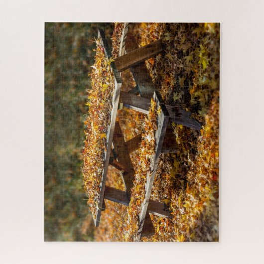 Puzzle Picnic Table covered with Fall Leaves, (Vertical)