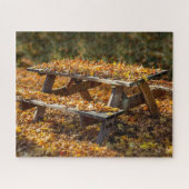 Puzzle Picnic Table covered with Fall Leaves, (Horizontal)