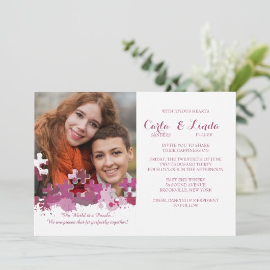Puzzle Piecets Foto Weddenschap Roze uitnodiging (Staand voorkant)