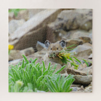 Puzzle Pika Tenant Des Feuilles Et Des Fleurs Dans La Bou