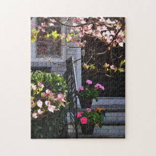 Puzzle Pink Dogwood and Pots of Geraniums