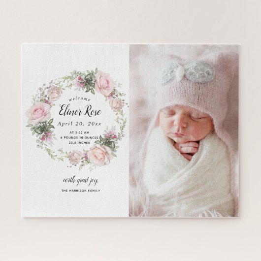 Puzzle Pink Floral Photo Faire-part de naissance Jigsaw P (Horizontal)