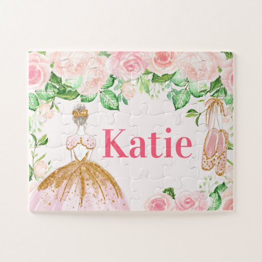 Puzzle Pink & Gold Ballerina Dance Themed Custom Name (Horizontal)