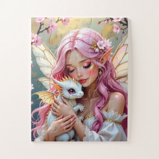 Puzzle Pink Haired Fairy and White Baby Dragon   (Vertical)