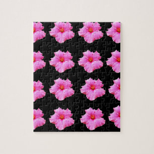 Puzzle Pink Hibiscus Flowers On Black,