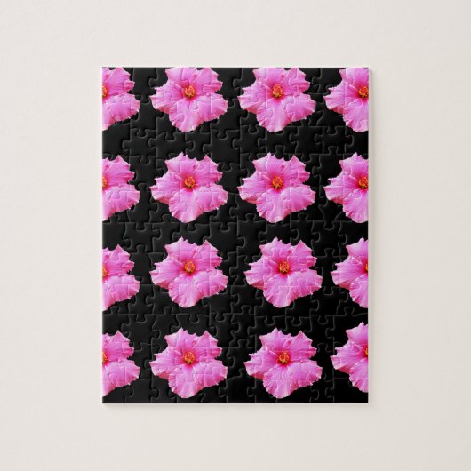 Puzzle Pink Hibiscus Flowers On Black, (Vertical)