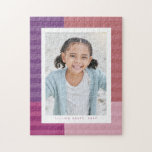 Puzzle Pink violet rayures mignonette photo personnalisée<br><div class="desc">Un motif rayé amusant et coloré dans les tons rose et violet entoure une seule photo verticale avec du texte personnalisé. Ce cadeau photo est parfait pour tous les âges - des enfants aux grands-parents pour commémorer une photo ou un événement amusant.</div>