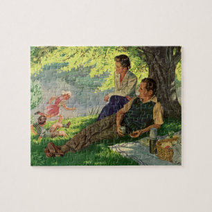Puzzle Pique-nique familial vintage amusant sous un arbre