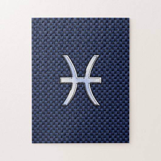 Puzzle Pisces Zodiac Sign on Blue Carbon Fibre Print (Vertical)